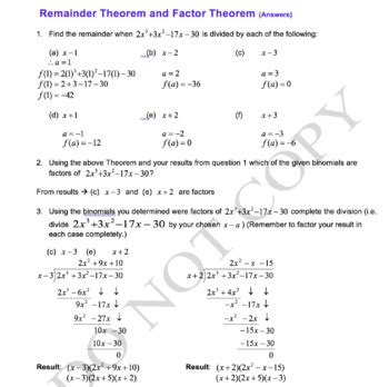 remainder and factor theorem worksheet
